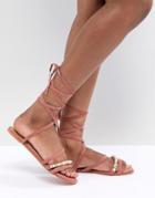 Asos Design Fascination Leather Embellished Flat Sandals - Red