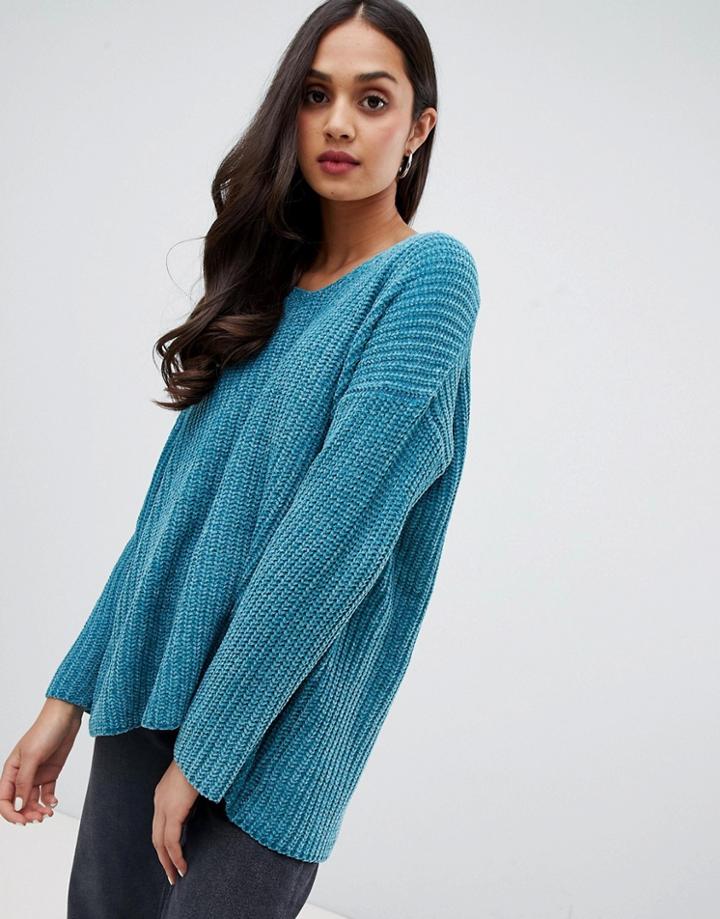 Brave Soul Chenille Sweater With V Neck - Green