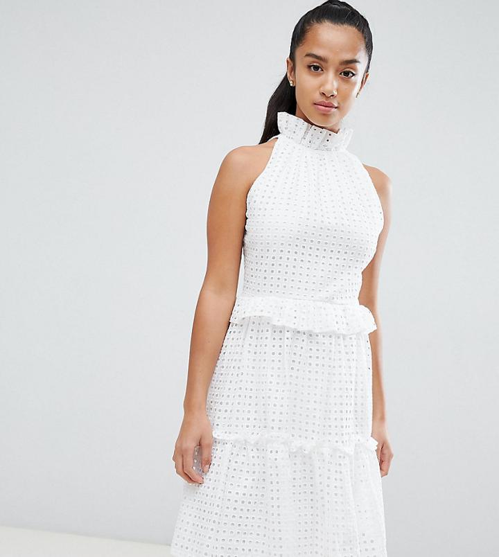 John Zack Petite High Cutwork Lace Layered Skater Dress - White