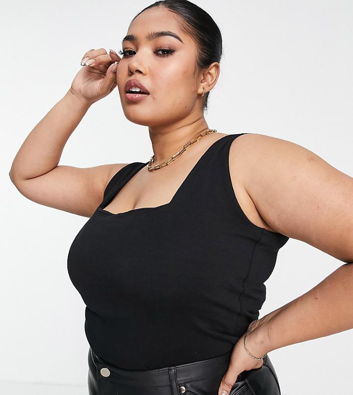 Asos Design Curve Edit Luxe Feel Long Line Tank Top With Square Neck In Black