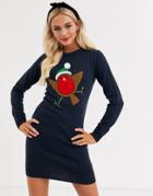 Brave Soul Robin Christmas Sweater With Pom Pom-navy