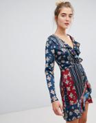 Parisian Floral And Stripe Print Wrap Dress With Frill - Multi