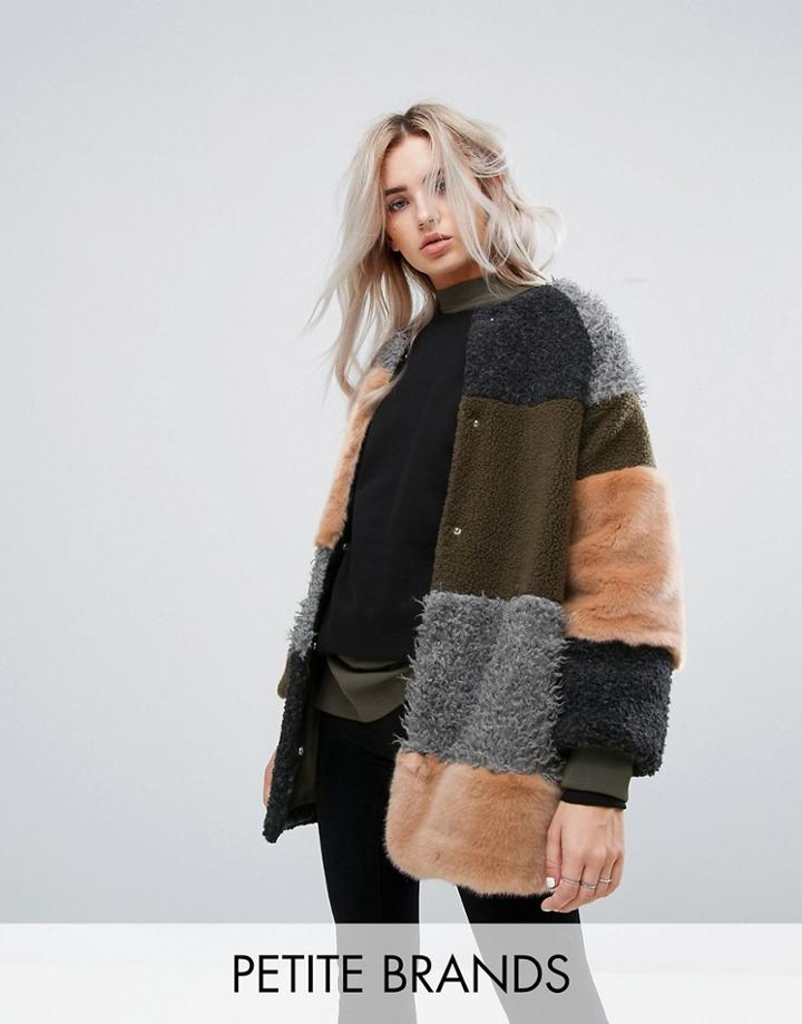 Noisy May Petite Patchwork Faux Fur Longline Coat - Green