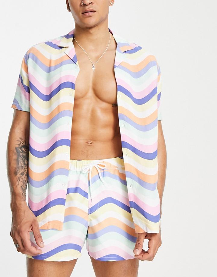 Asos Design Relaxed Revere Shirt In Pastel Wavy Stripe - Part Of A Set-multi