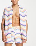 Asos Design Relaxed Revere Shirt In Pastel Wavy Stripe - Part Of A Set-multi
