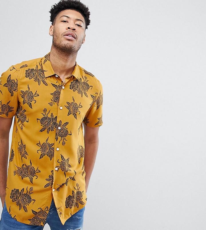Asos Design Tall Regular Fit Viscose Floral Shirt In Mustard - Yellow