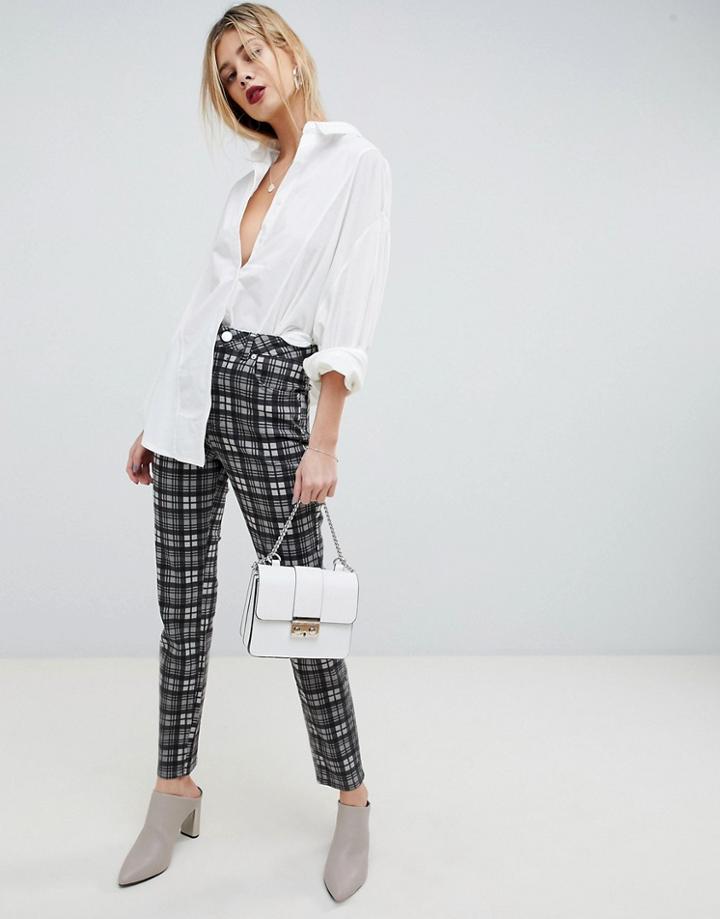 Asos Design Farleigh High Waist Slim Mom Jeans In Mono Check - Multi