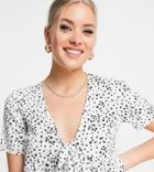 Asos Design Tall Short Sleeve Tie Front Tea Blouse In Mono Ditsy-multi