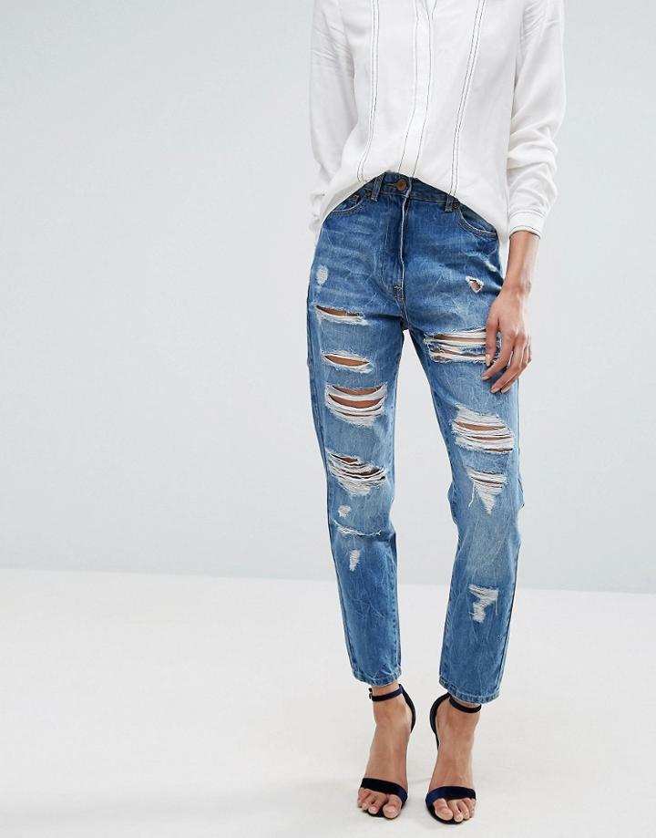 Parisian Ripped High Rise Boyfriend Jeans - Blue
