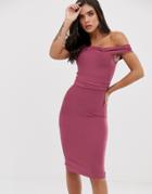 The Girlcode Bandage Bodycon Dress With Frill Off Shoulder In Plum - Purple