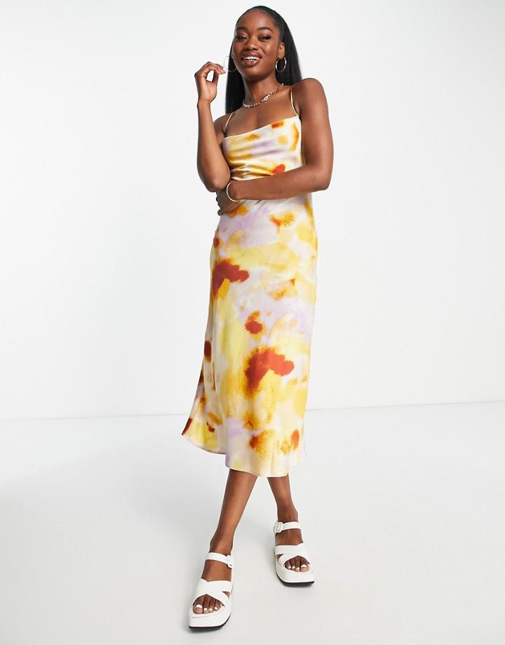 Stradivarius Satin Midi Dress In Blurred Print-multi