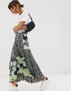 Asos Design Satin Pleated Midi Skirt In Zebra Floral Mix Print