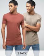 Asos 2 Pack Longline Muscle T-shirt In Red/beige Save - Multi