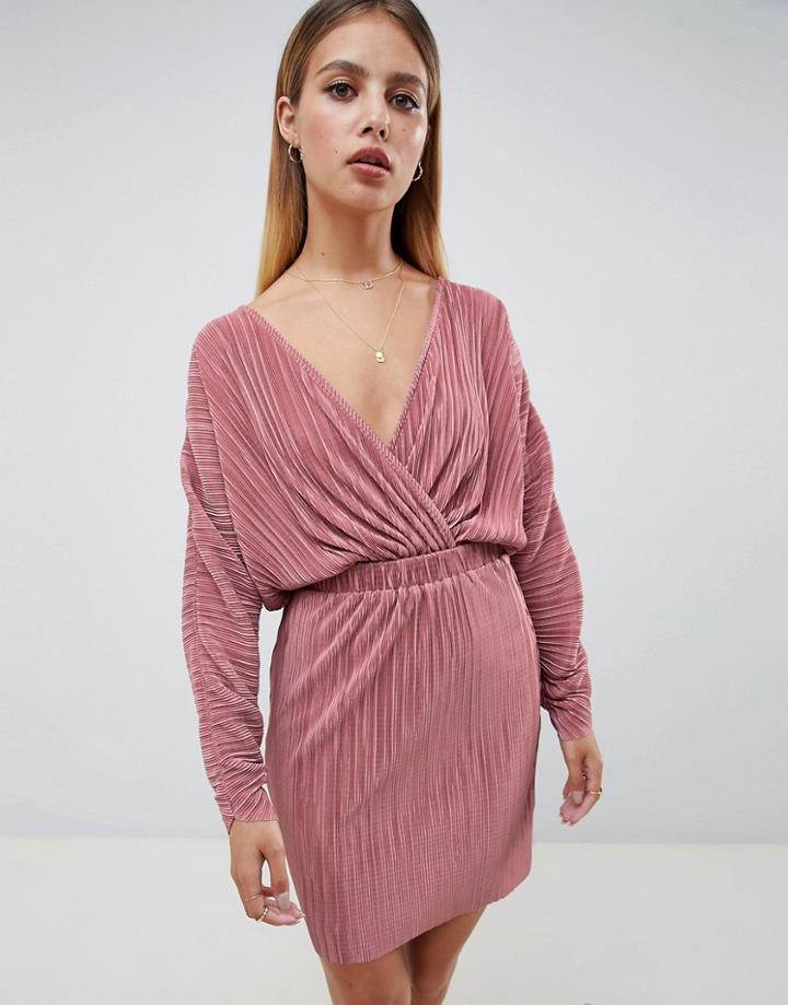 Asos Design Batwing Mini Plisse Dress-pink