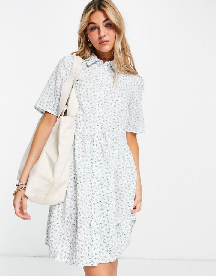 Vila Short Sleeve Shirt Smock Dress In White Floral