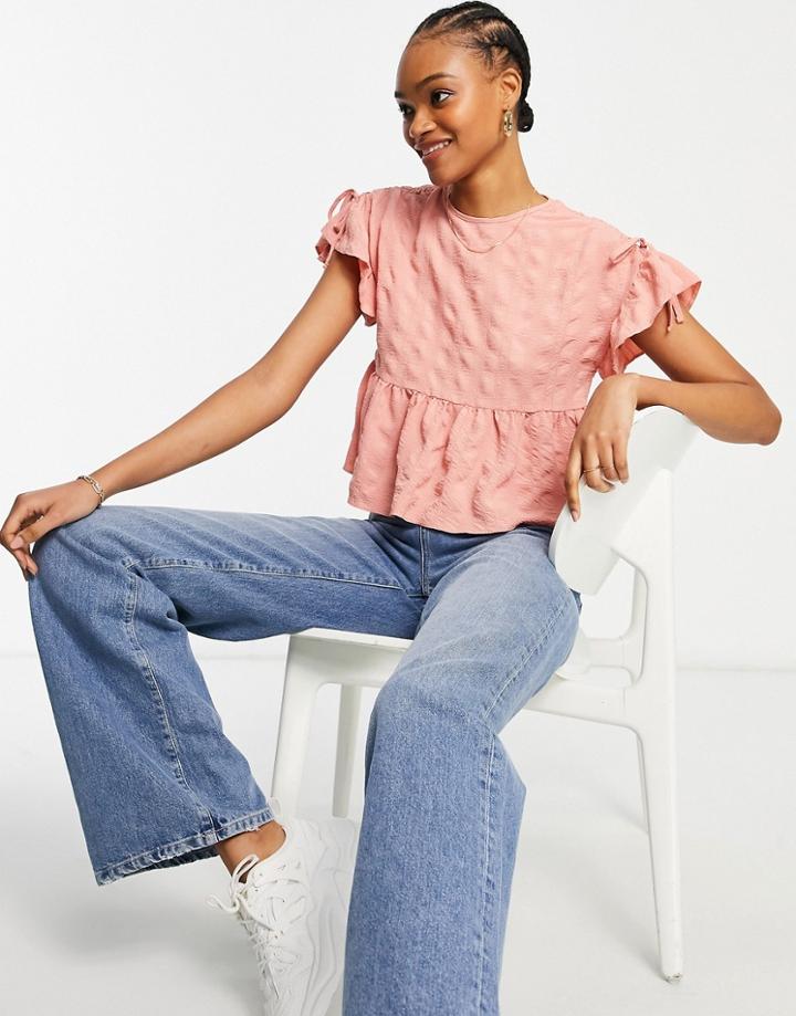 Asos Design Textured Smock Top With Ruffle Sleeve In Peach-pink