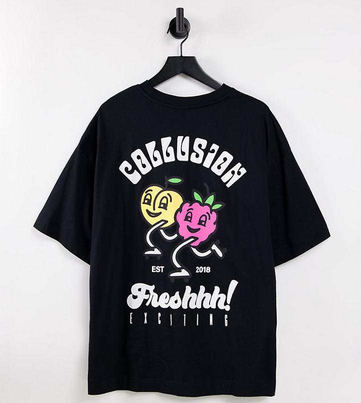 Collusion Oversized T-shirt With Cartoon Fruit Print In Black