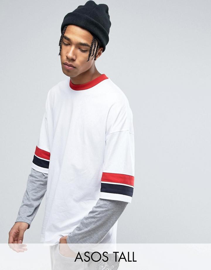 Asos Tall Oversized Longline T-shirt With Retro Color Blocking And Layered Sleeve - White