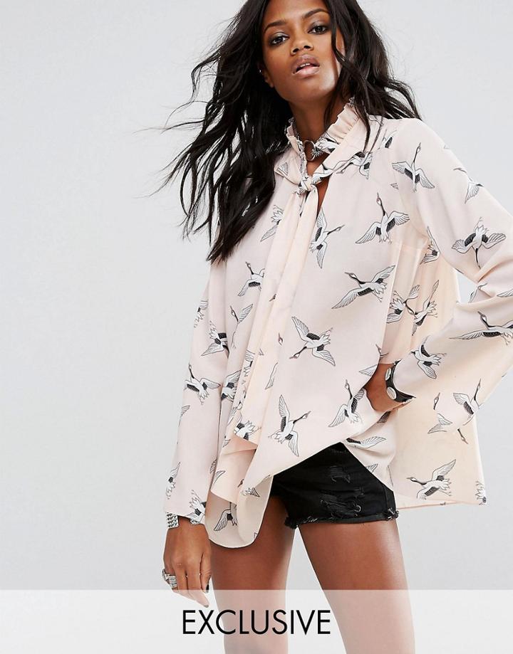 Reclaimed Vintage Inspired Tie Neck Blouse In Bird Print - Black