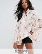Reclaimed Vintage Inspired Tie Neck Blouse In Bird Print - Black