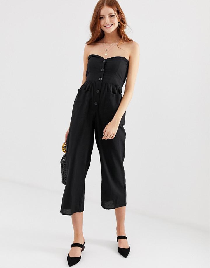Asos Design Bandeau Button Front Jumpsuit With Pockets - Black