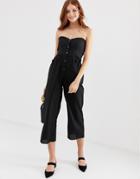 Asos Design Bandeau Button Front Jumpsuit With Pockets - Black