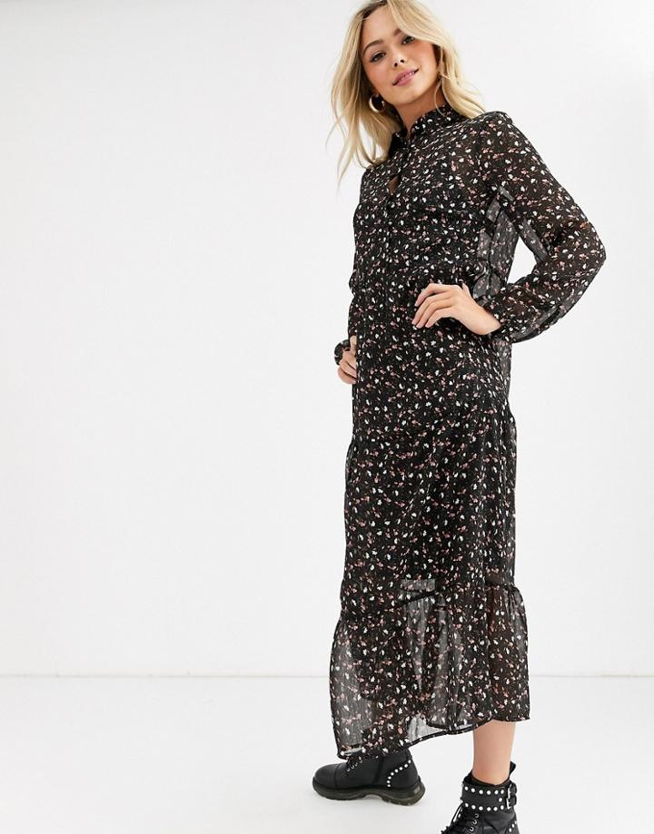 New Look Chiffon Smock Dress In Black Ditsy Floral