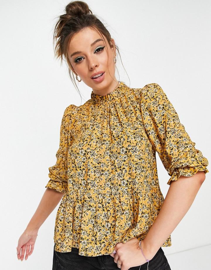 Nobody's Child High Collar Smock Top In Yellow Floral