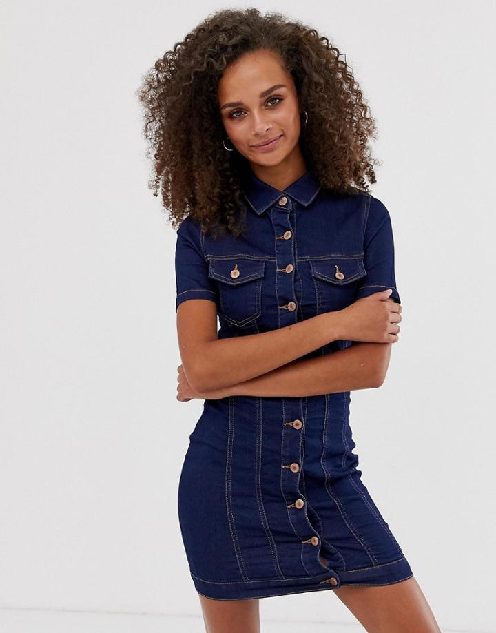 Parisian Fitted Denim Button Through Mini Dress - Blue