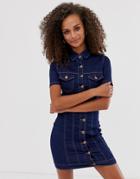 Parisian Fitted Denim Button Through Mini Dress - Blue
