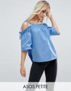 Asos Petite Cold Shoulder Top In Cotton With Tie Shoulder - Blue