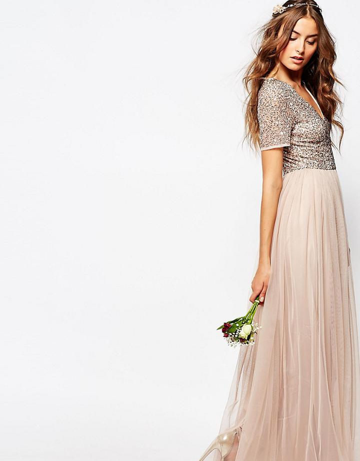 Maya Tall V Neck Maxi Tulle Dress With Tonal Delicate Sequins - Cream