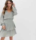 Stradivarius Str V Neck Shirred Waist Dress In Mint - Blue