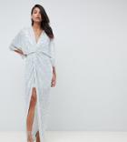 Asos Design Tall Scatter Sequin Knot Front Kimono Maxi Dress-silver