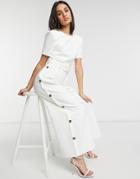 Asos Design Button Leg Belted Jumpsuit In Crepe In Ivory-brown