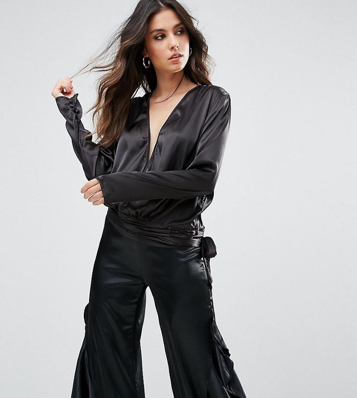 Lioness Plunge Front Crop Top With Wrap Belt Detail - Black