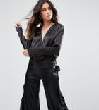 Lioness Plunge Front Crop Top With Wrap Belt Detail - Black