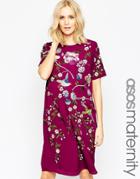 Asos Maternity Shift Dress With Bird And Floral Embroidery - Red