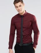 Asos Skinny Shirt In Burgundy With Black Tie Set Save 15% - Burgundy
