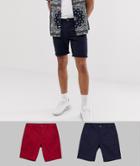 Asos Design 2 Pack Slim Chino Shorts In Washed Red & Navy Save-multi