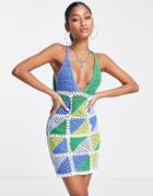 Asos Design Mini Crochet Dress In Blue Patchwork