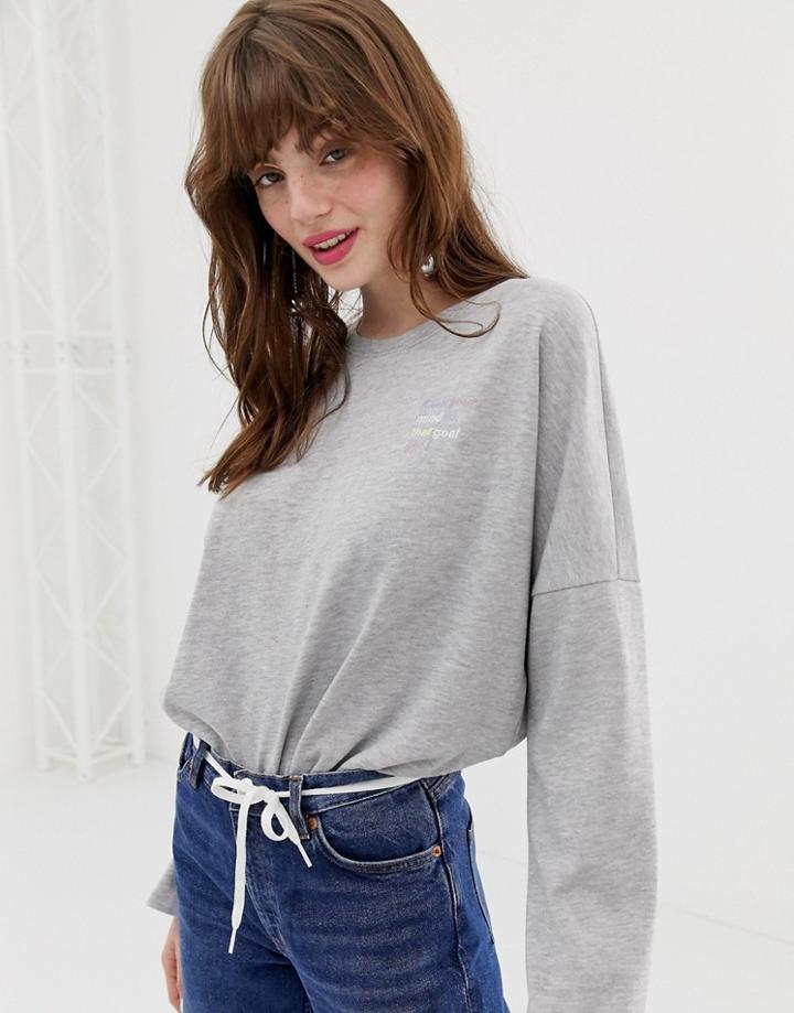 Monki Oversized Crew Neck Sweatshirt With Embroidery In Gray - Gray