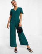 Asos Design Bubble Crepe Tea Button Front Jumpsuit In Forest Green