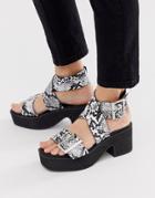 Asos Design Halford Chunky Heeled Sandals In Black And White Snake-multi