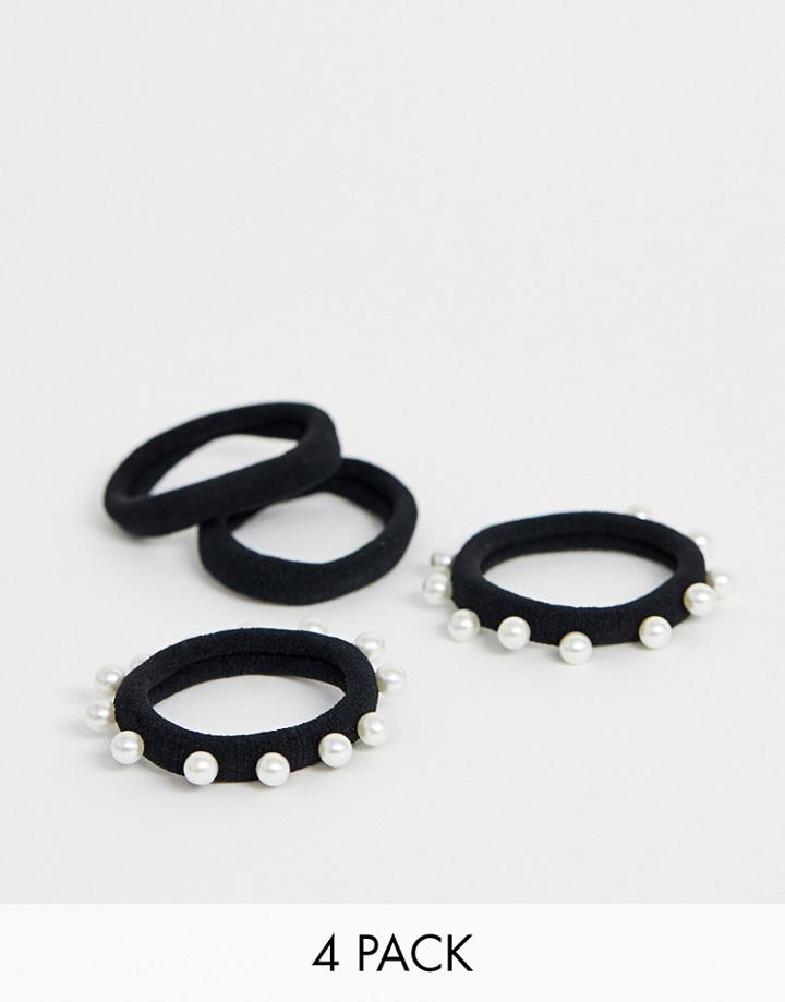 Asos Design Pack Of 4 Hair Ties With Pearl Embellishment-multi