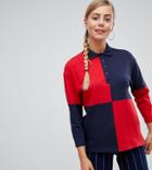 Monki Long-sleeved Polo Shirt In Navy And Red-multi