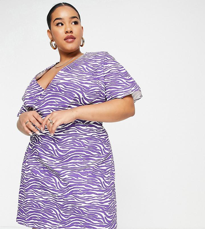 Missguided Plus Mini Wrap Dress In Lilac Zebra-purple