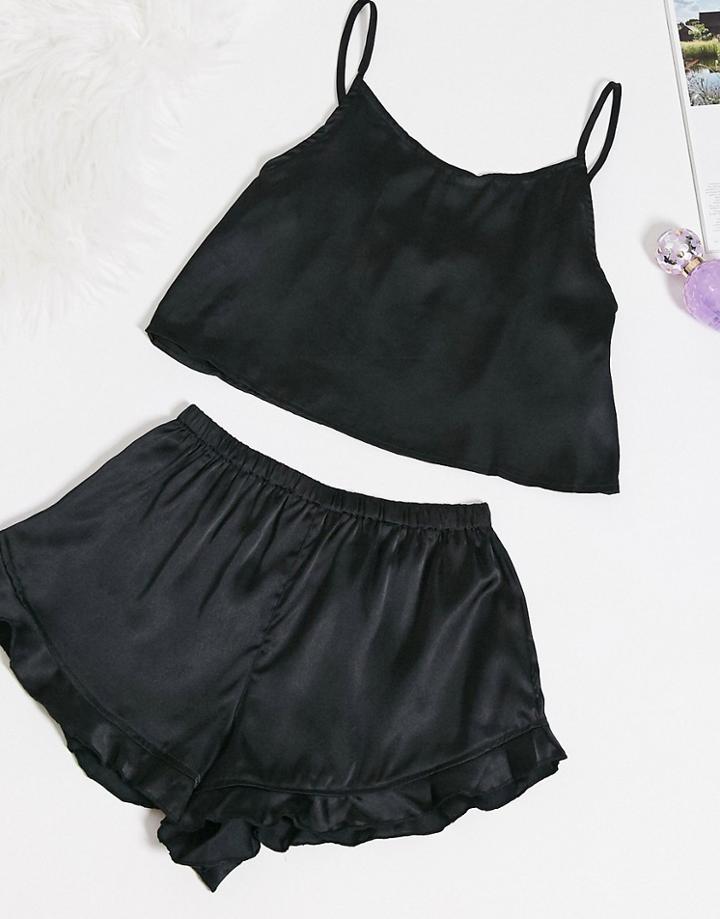 Brave Soul Flounce Satin Cropped Tank Short Set With Frilled Hem-black