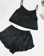 Brave Soul Flounce Satin Cropped Tank Short Set With Frilled Hem-black
