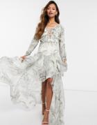 Asos Design Ruched Chiffon Printed Maxi Dress With Satin Lace Up Detail-multi